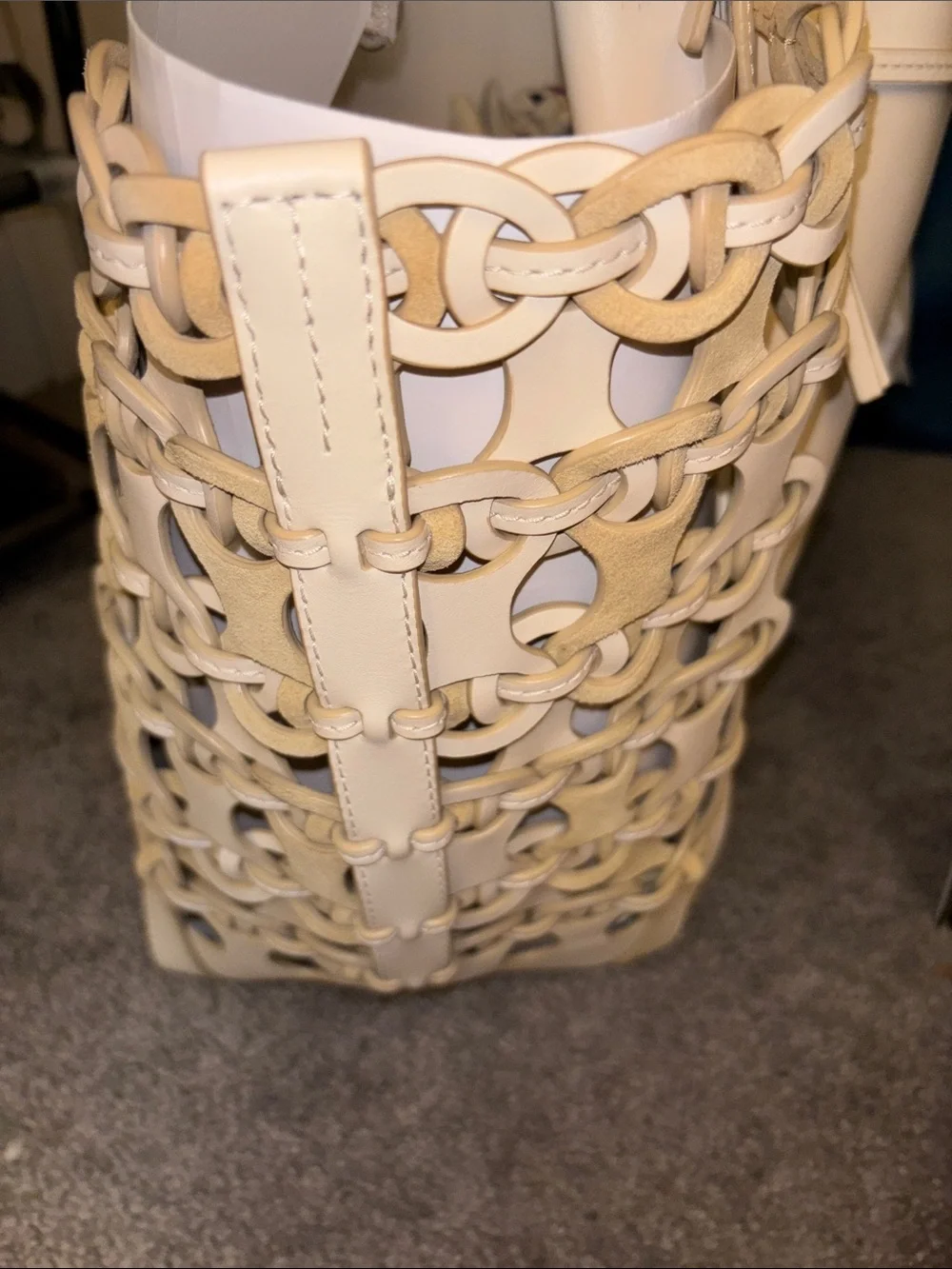 Tory Burch Cream Leather Lattice-Trim Drawstring Tote
